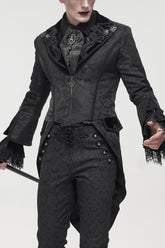 Manteau d'hirondelle pour homme avec manches trompette, décoration de boucle en métal, motif imprimé brodé gothique noir
